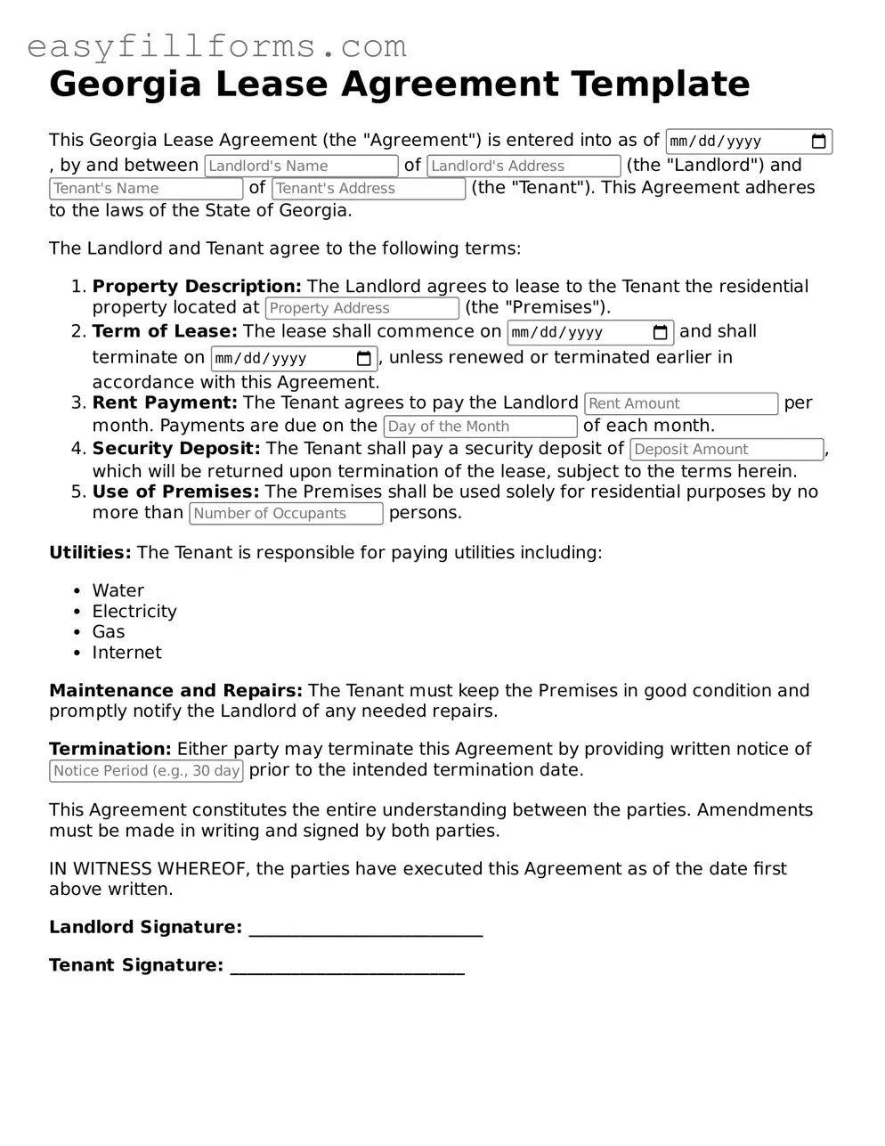 Valid  Lease Agreement Template for Georgia