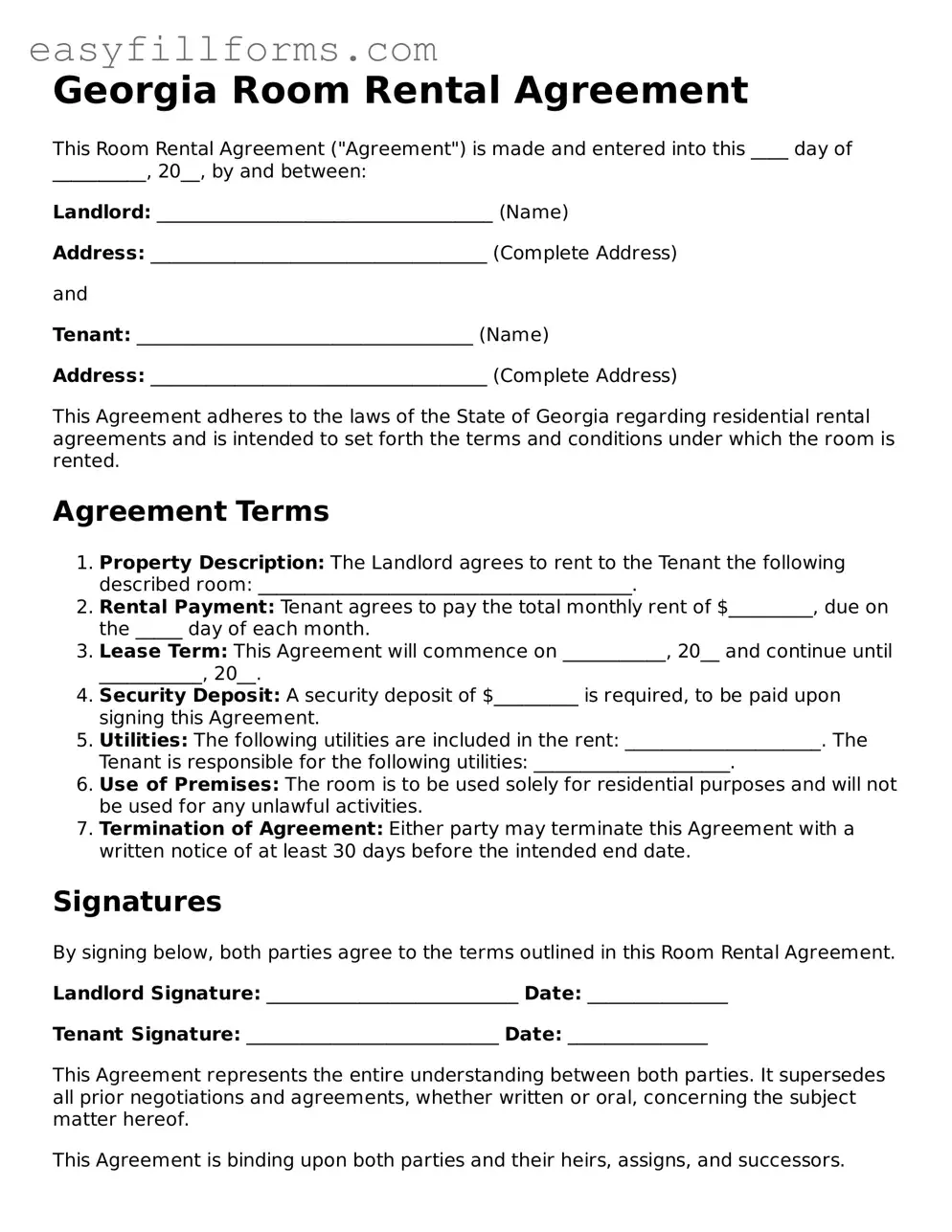 Valid  Room Rental Agreement Template for Georgia