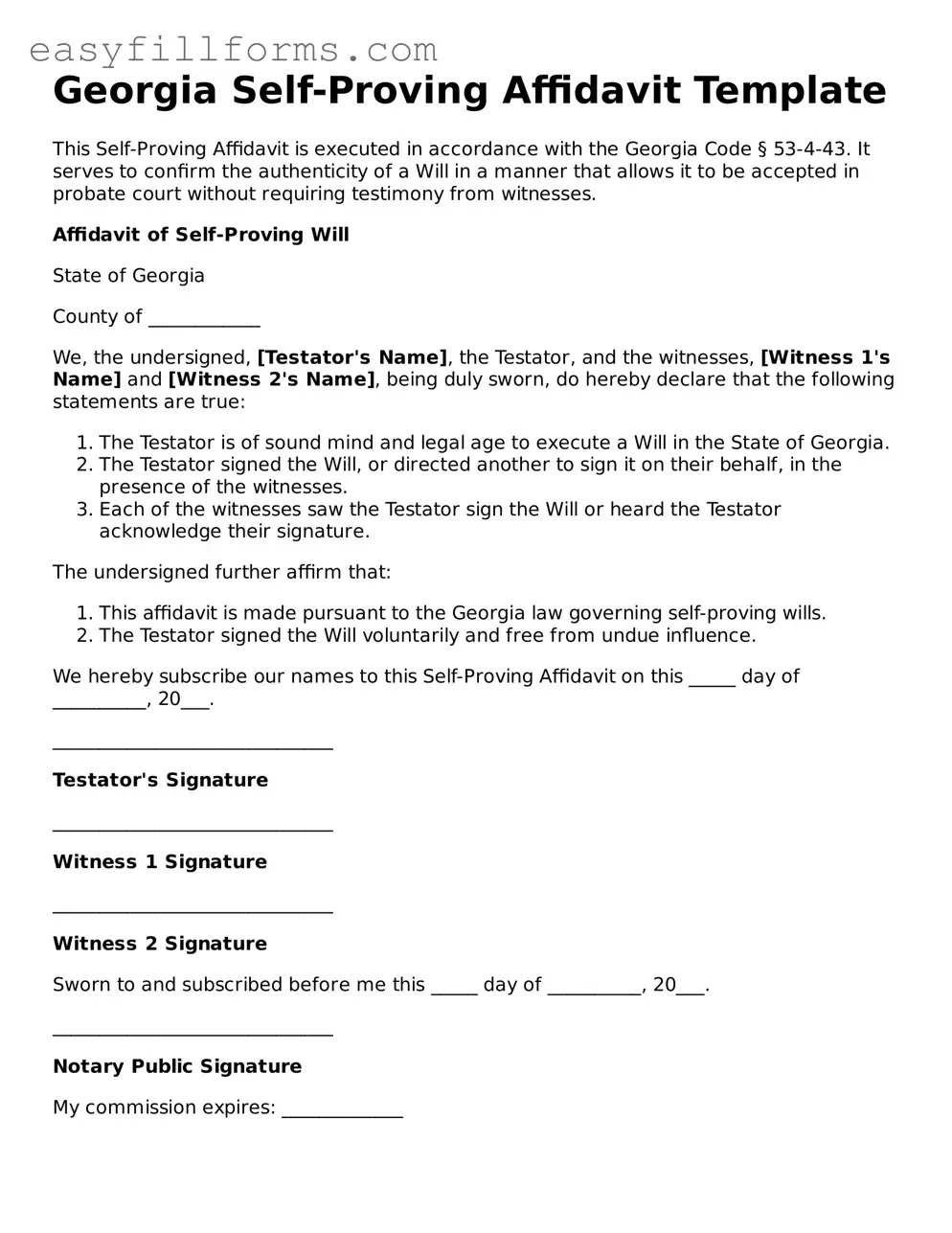 Valid  Self-Proving Affidavit Template for Georgia