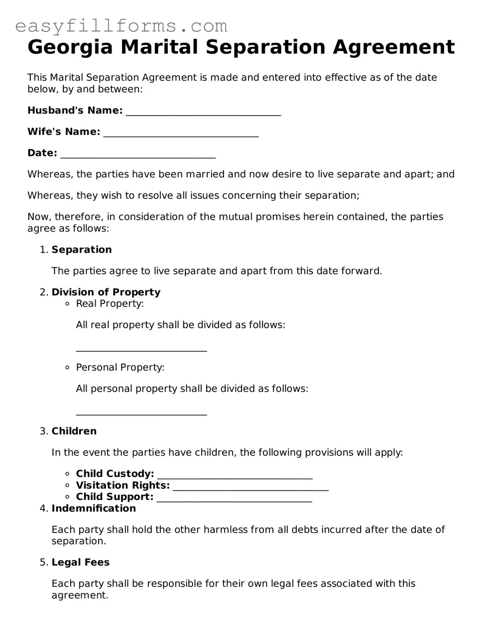 Valid  Marital Separation Agreement Template for Georgia