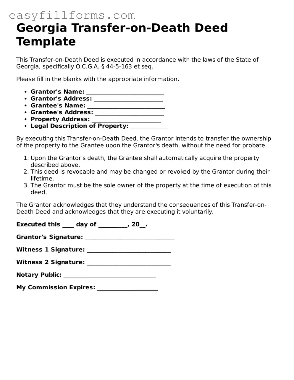 Valid  Transfer-on-Death Deed Template for Georgia