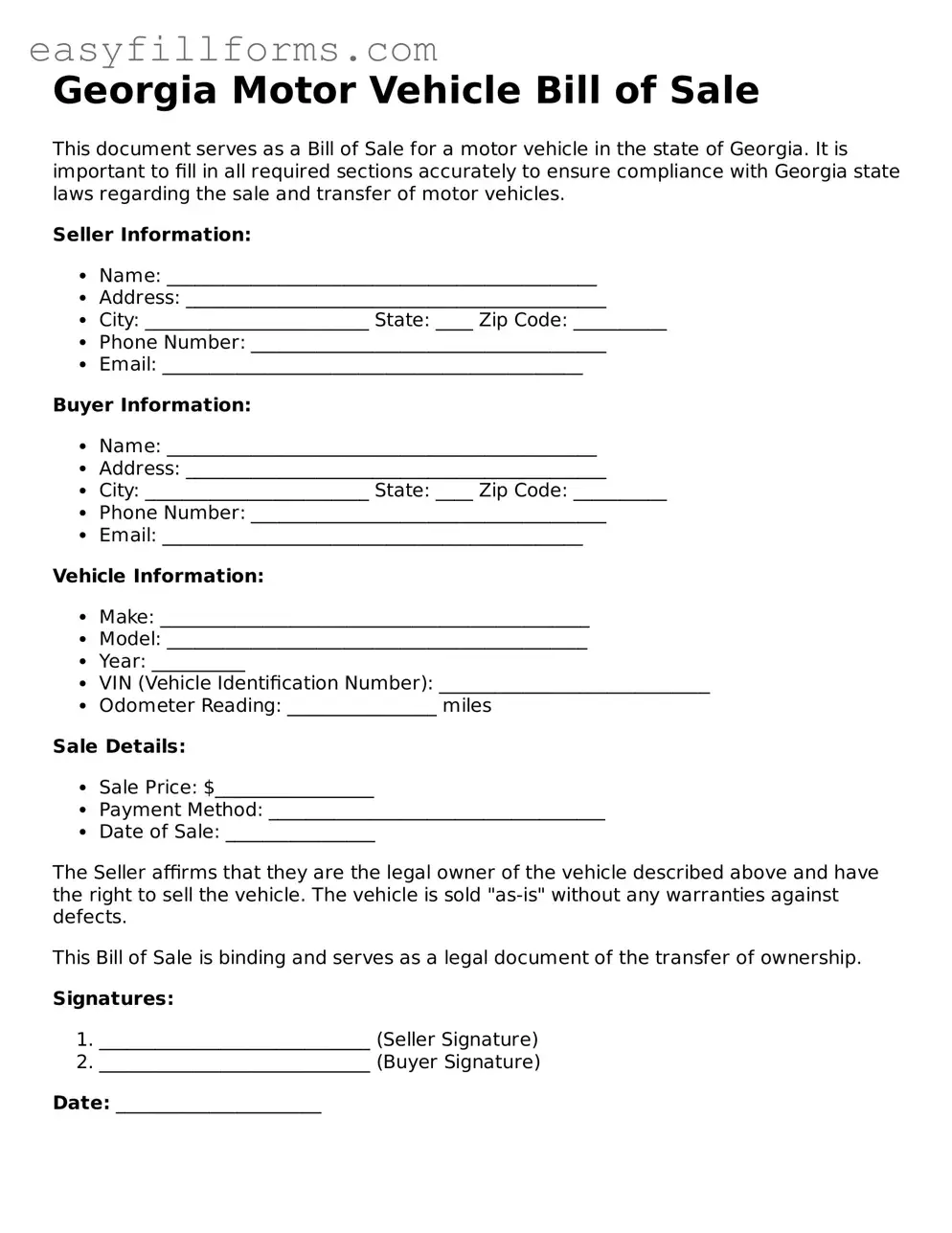 Valid  Motor Vehicle Bill of Sale Template for Georgia