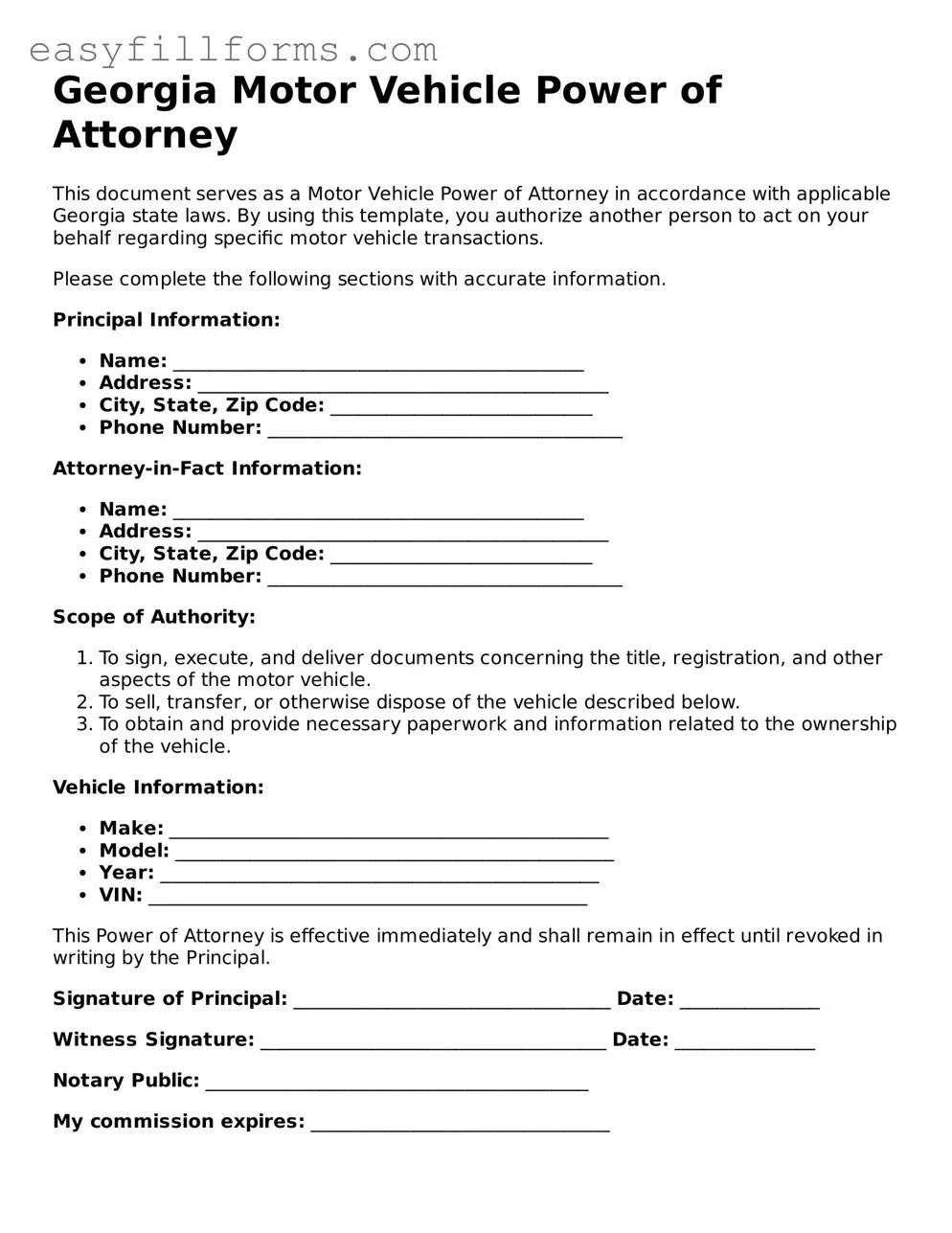 Valid  Motor Vehicle Power of Attorney Template for Georgia