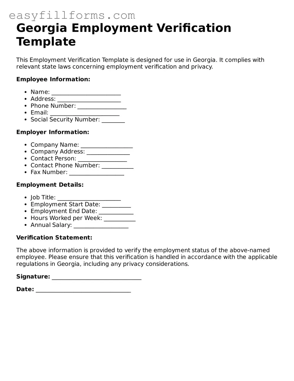 Valid  Employment Verification Template for Georgia