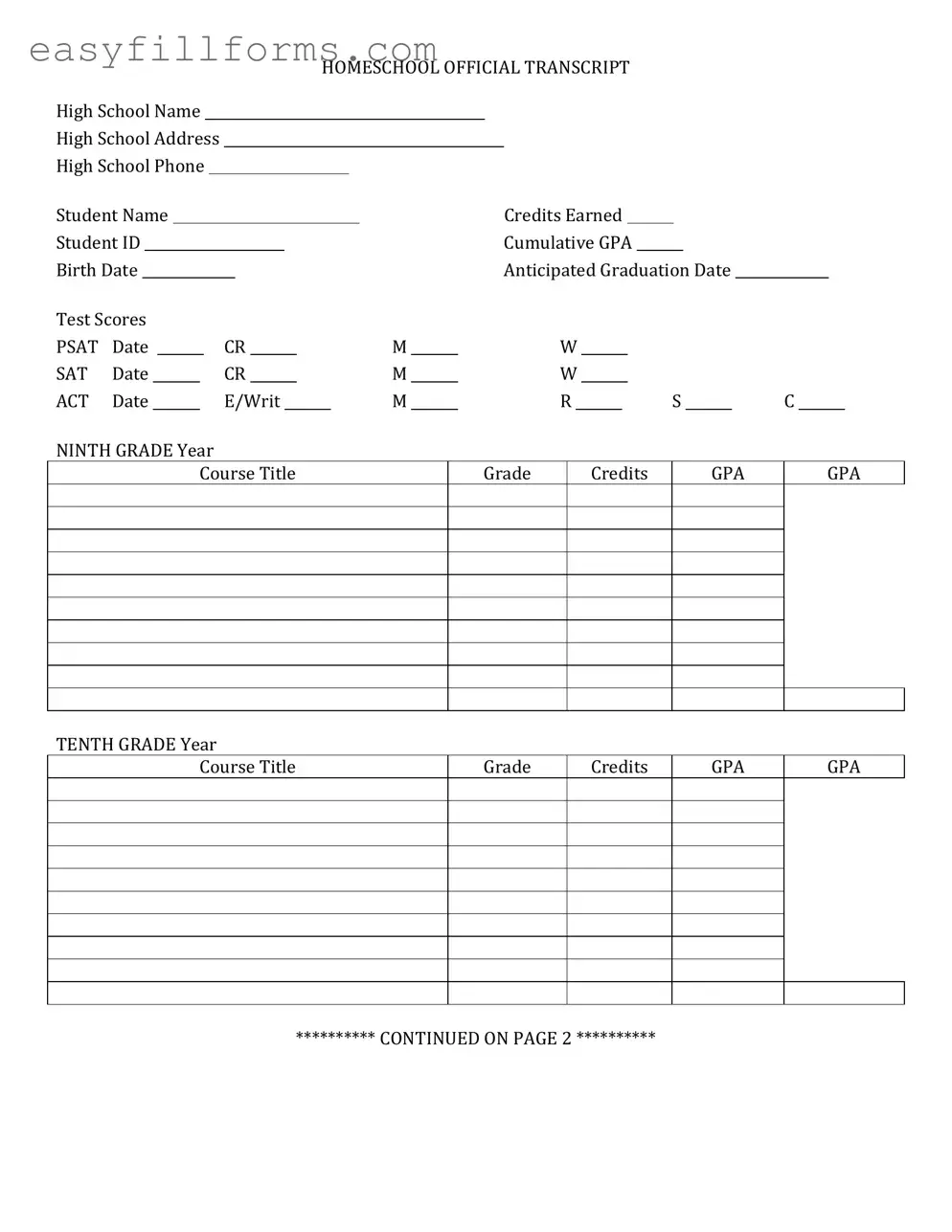 Printable High School Transcript Form