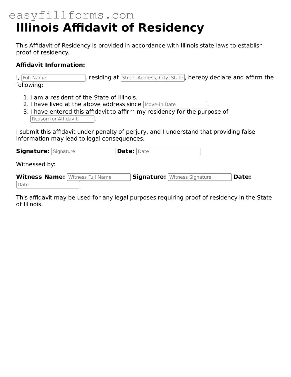 Valid  Affidavit of Residency Template for Illinois