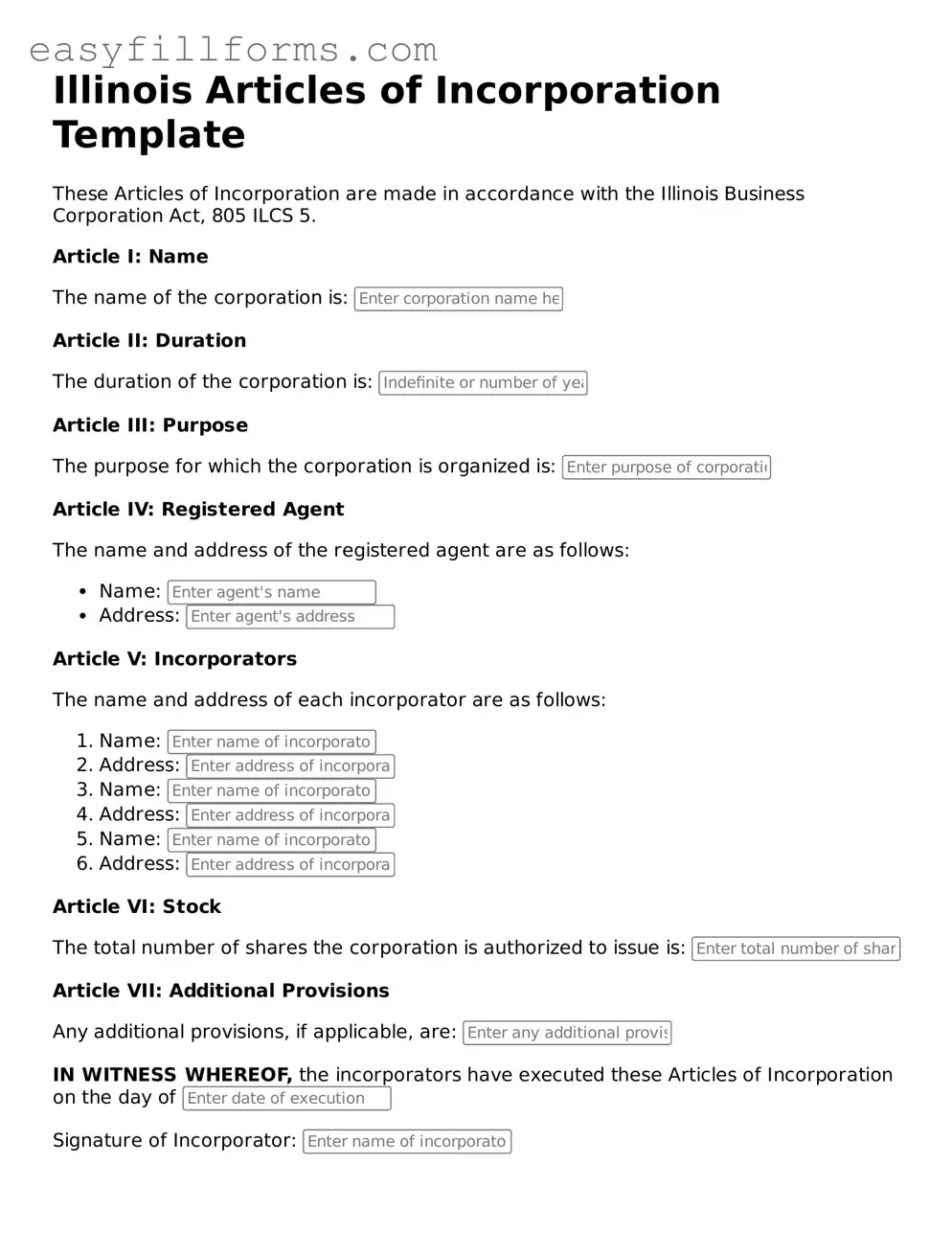 Valid  Articles of Incorporation Template for Illinois