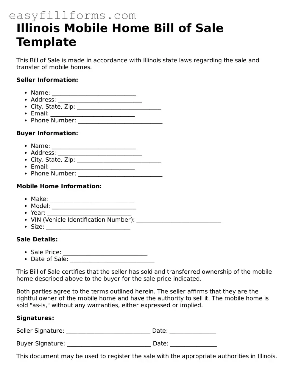 Valid  Mobile Home Bill of Sale Template for Illinois