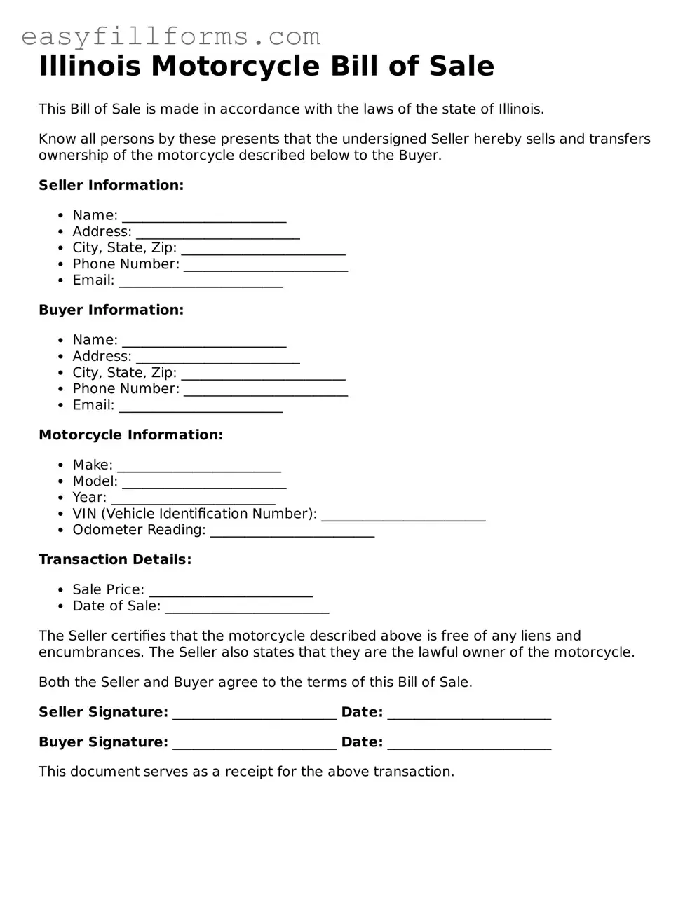 Valid  Motorcycle Bill of Sale Template for Illinois