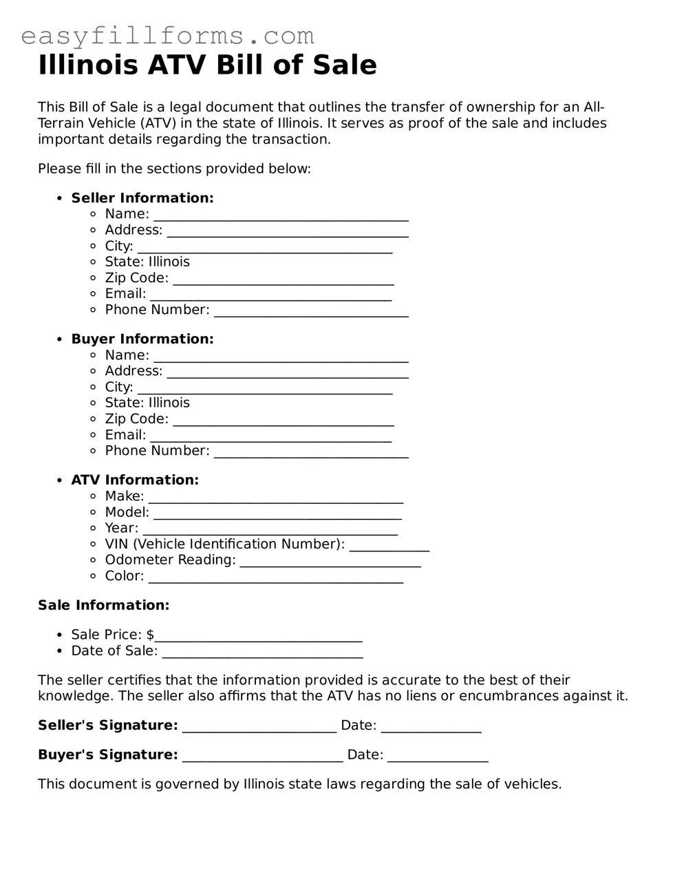 Valid  ATV Bill of Sale Template for Illinois