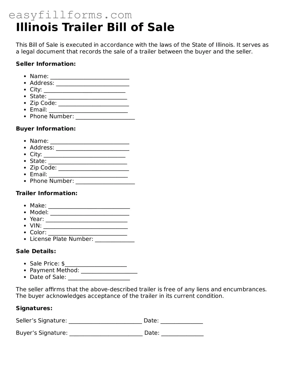 Valid  Trailer Bill of Sale Template for Illinois