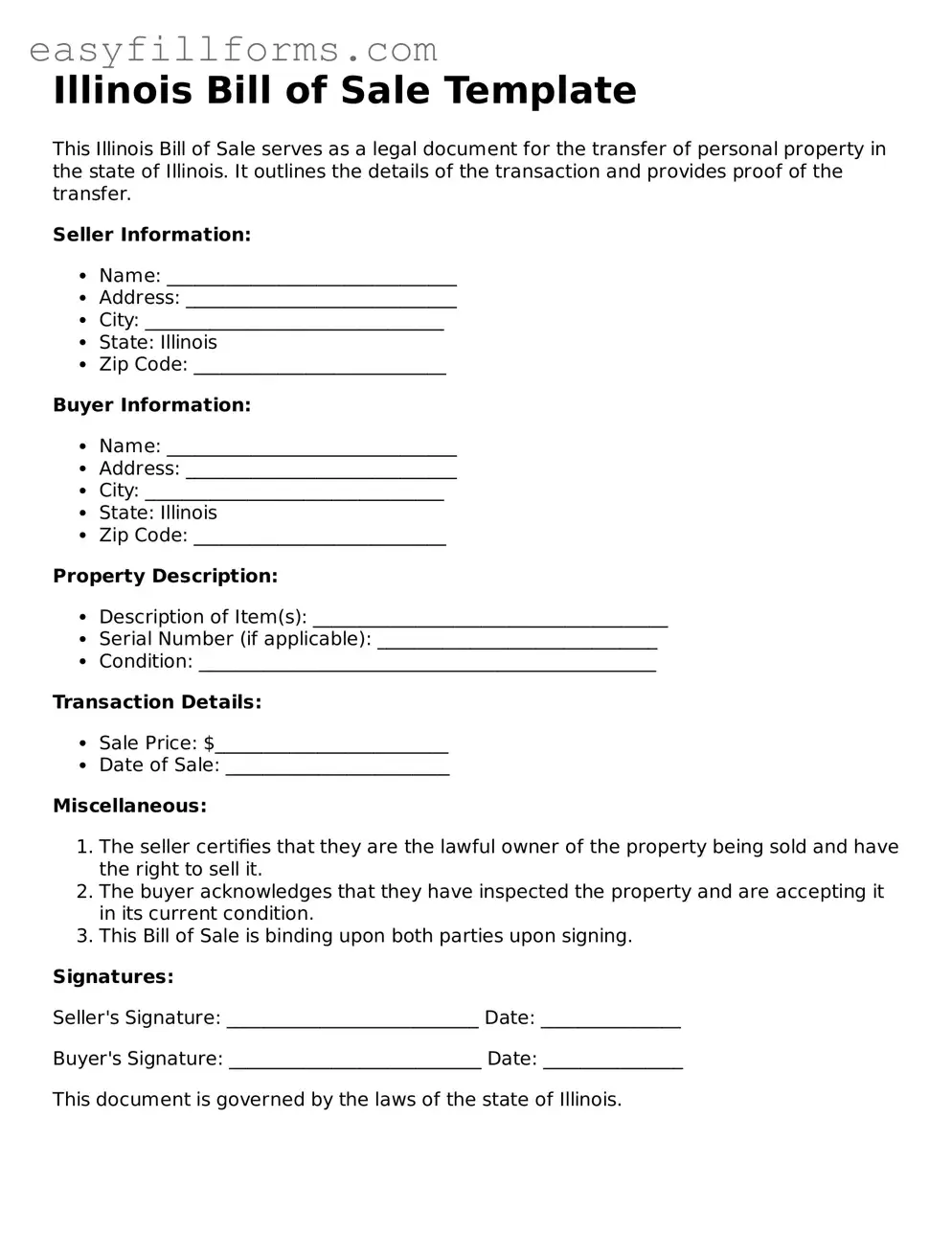 Valid  Bill of Sale Template for Illinois