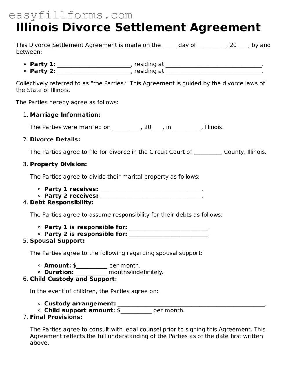 Valid  Divorce Settlement Agreement Template for Illinois