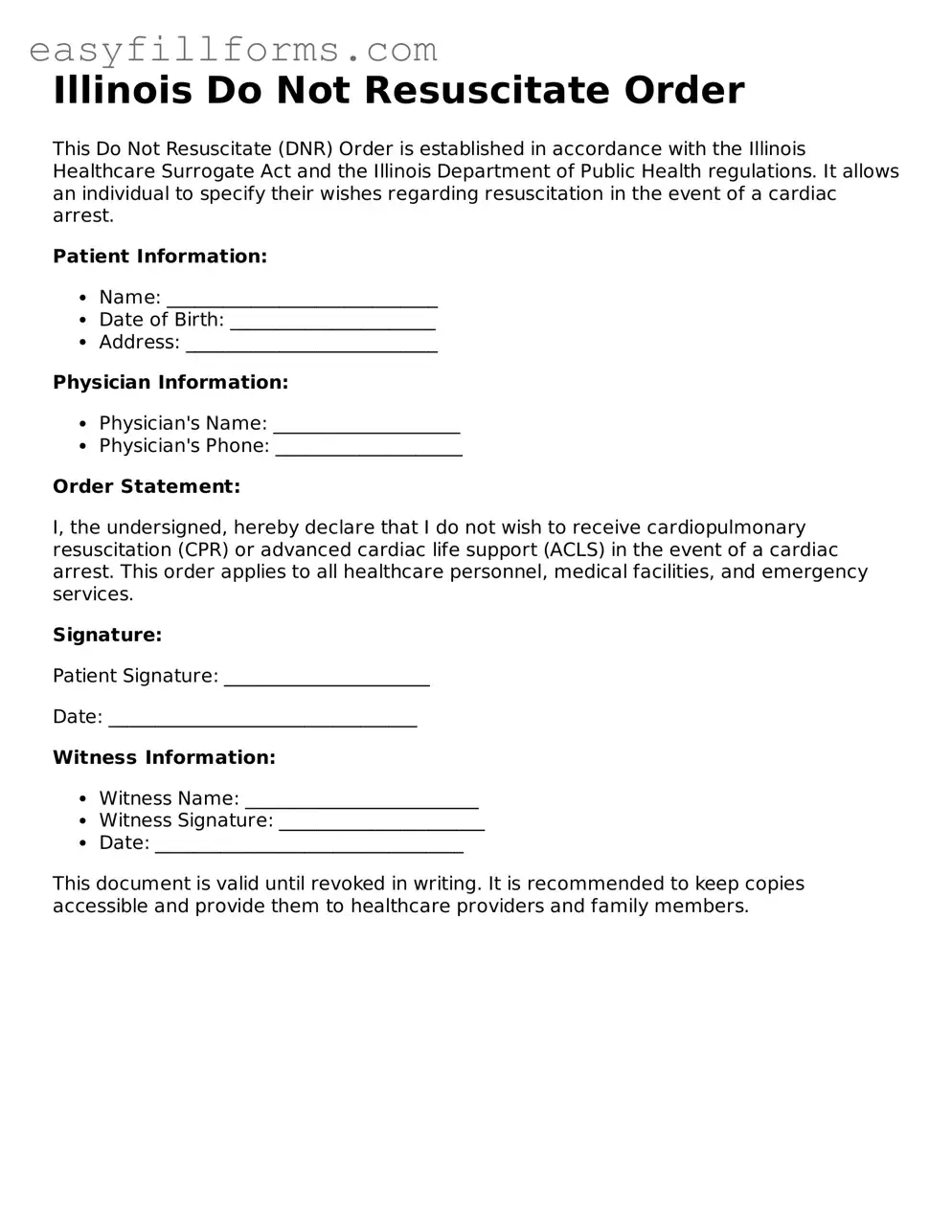 Valid  Do Not Resuscitate Order Template for Illinois