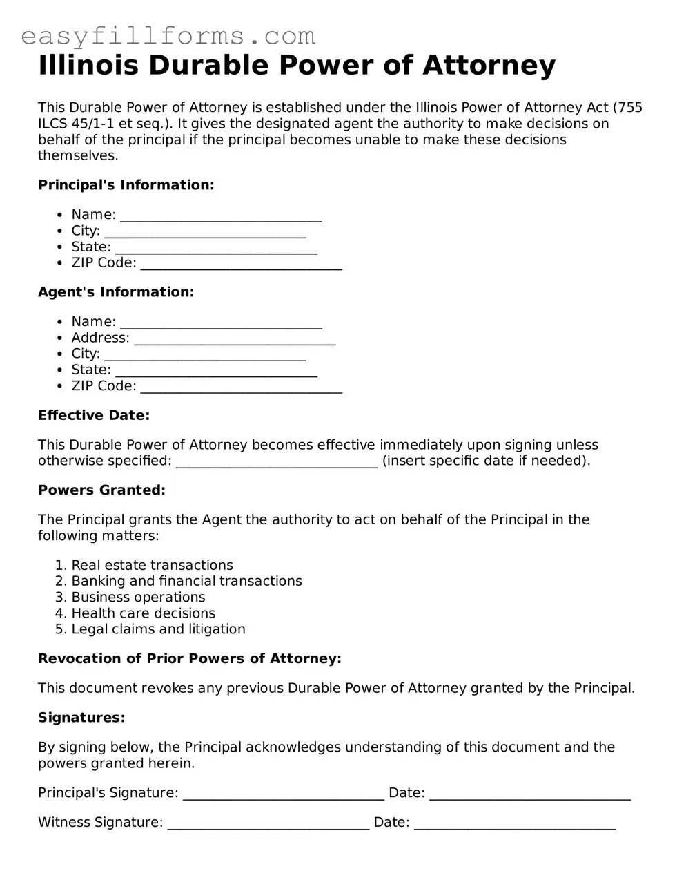 Valid  Durable Power of Attorney Template for Illinois