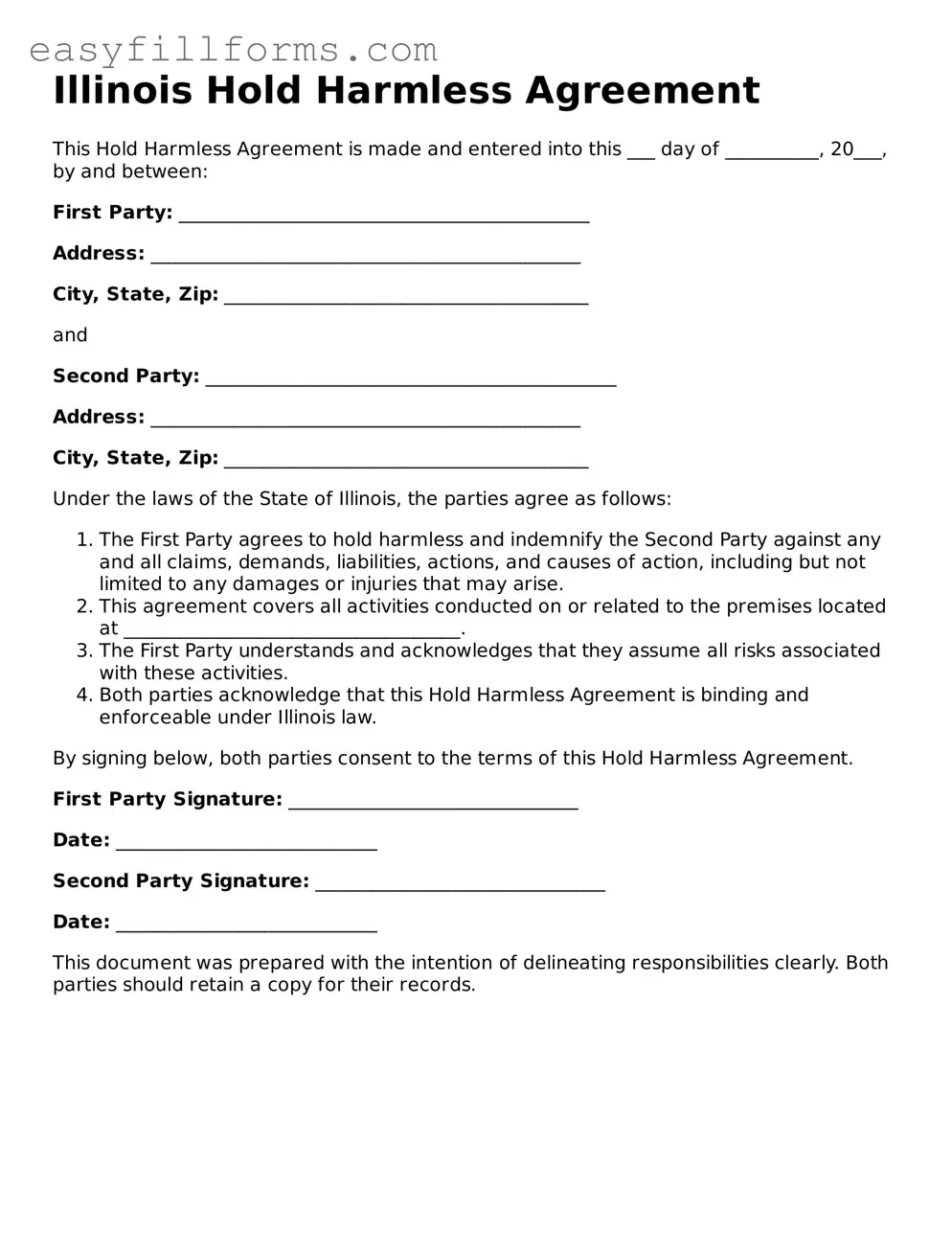 Valid  Hold Harmless Agreement Template for Illinois