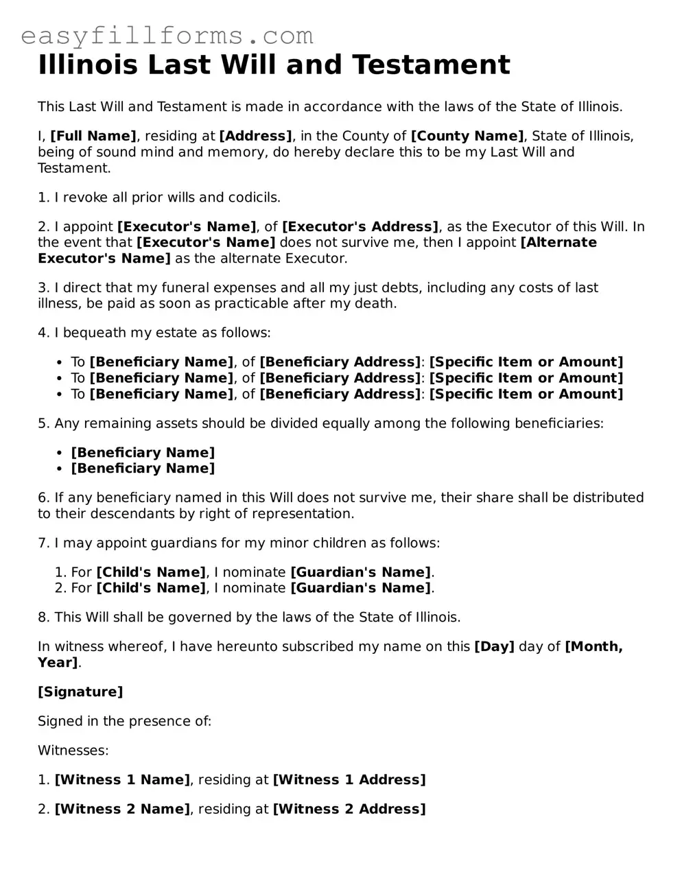 Valid  Last Will and Testament Template for Illinois