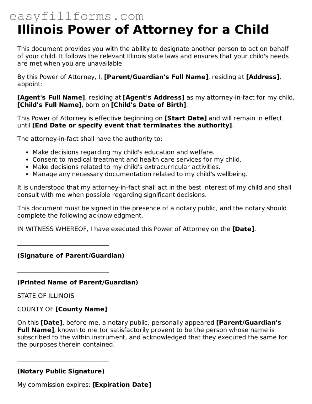 Valid  Power of Attorney for a Child Template for Illinois