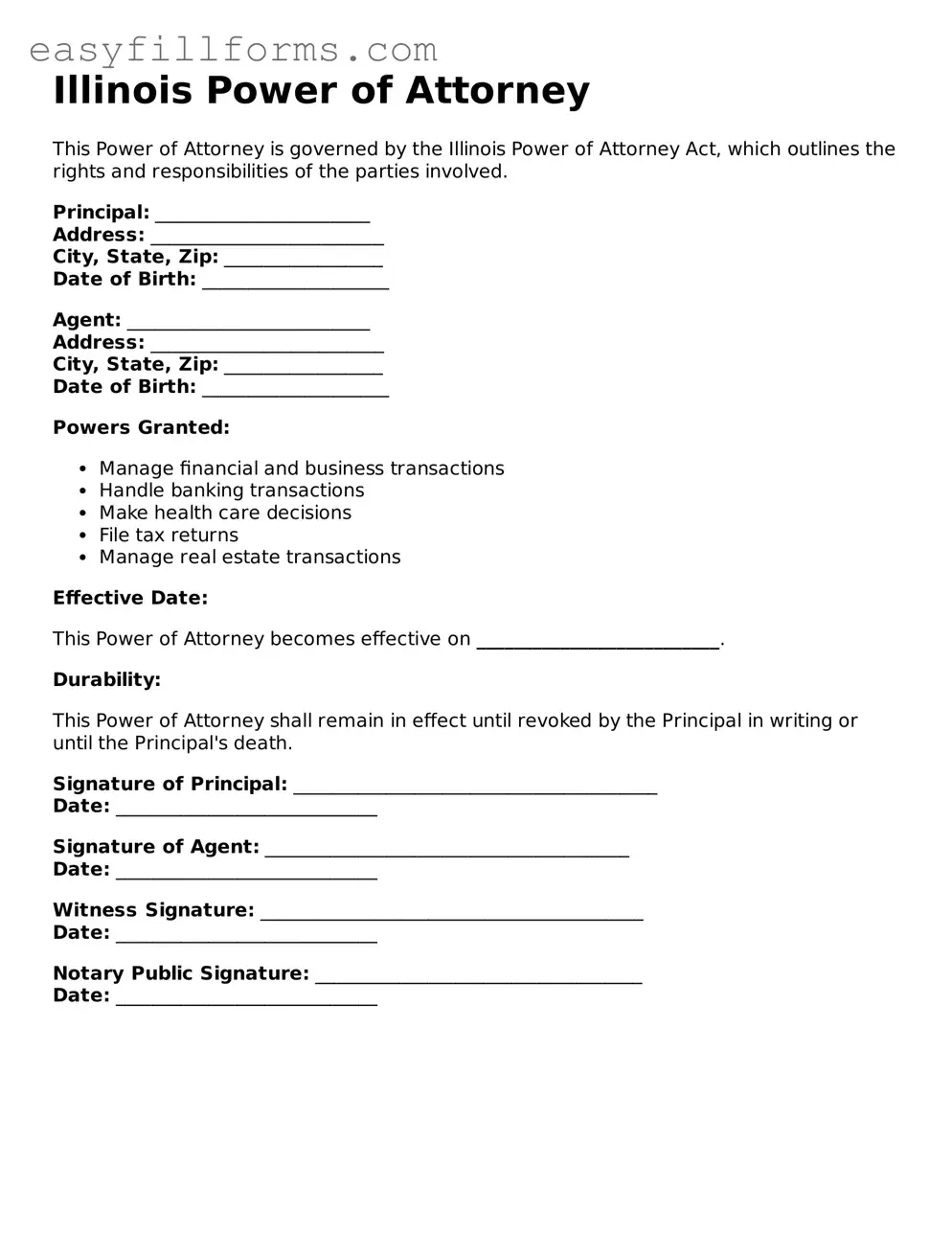 Valid  Power of Attorney Template for Illinois