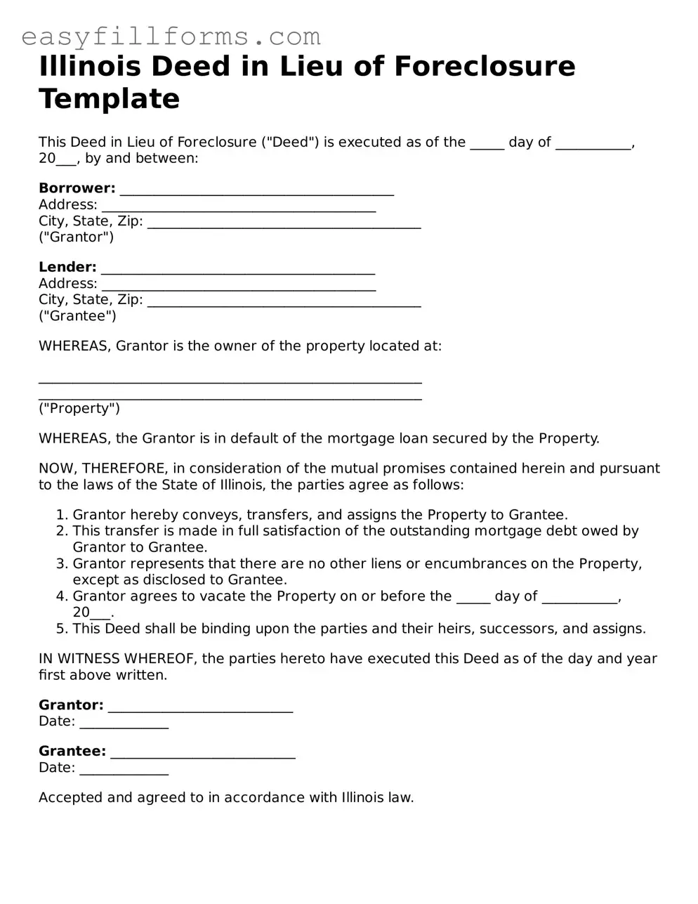 Valid  Deed in Lieu of Foreclosure Template for Illinois