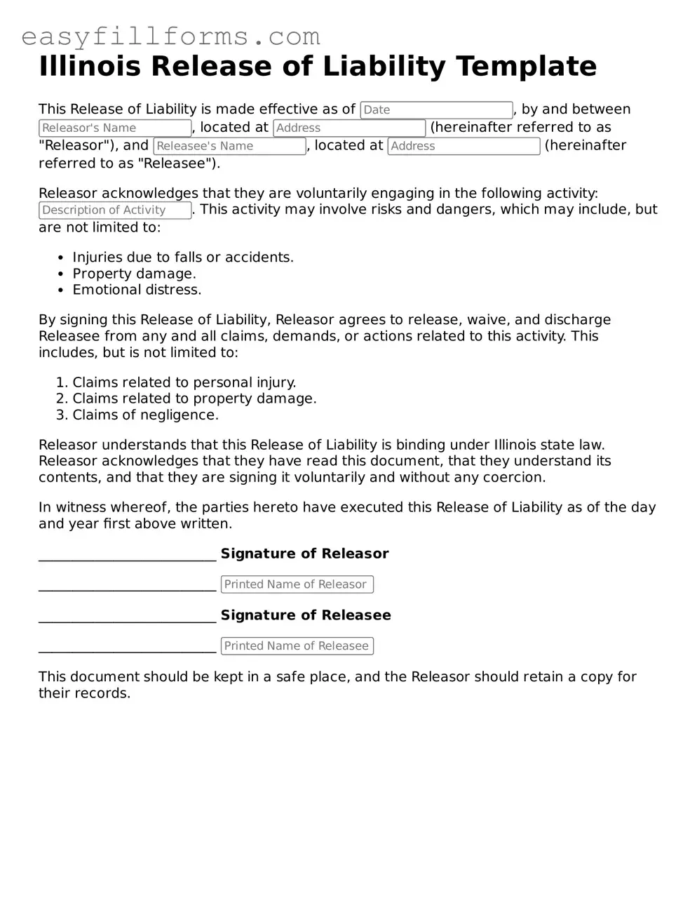 Valid  Release of Liability Template for Illinois