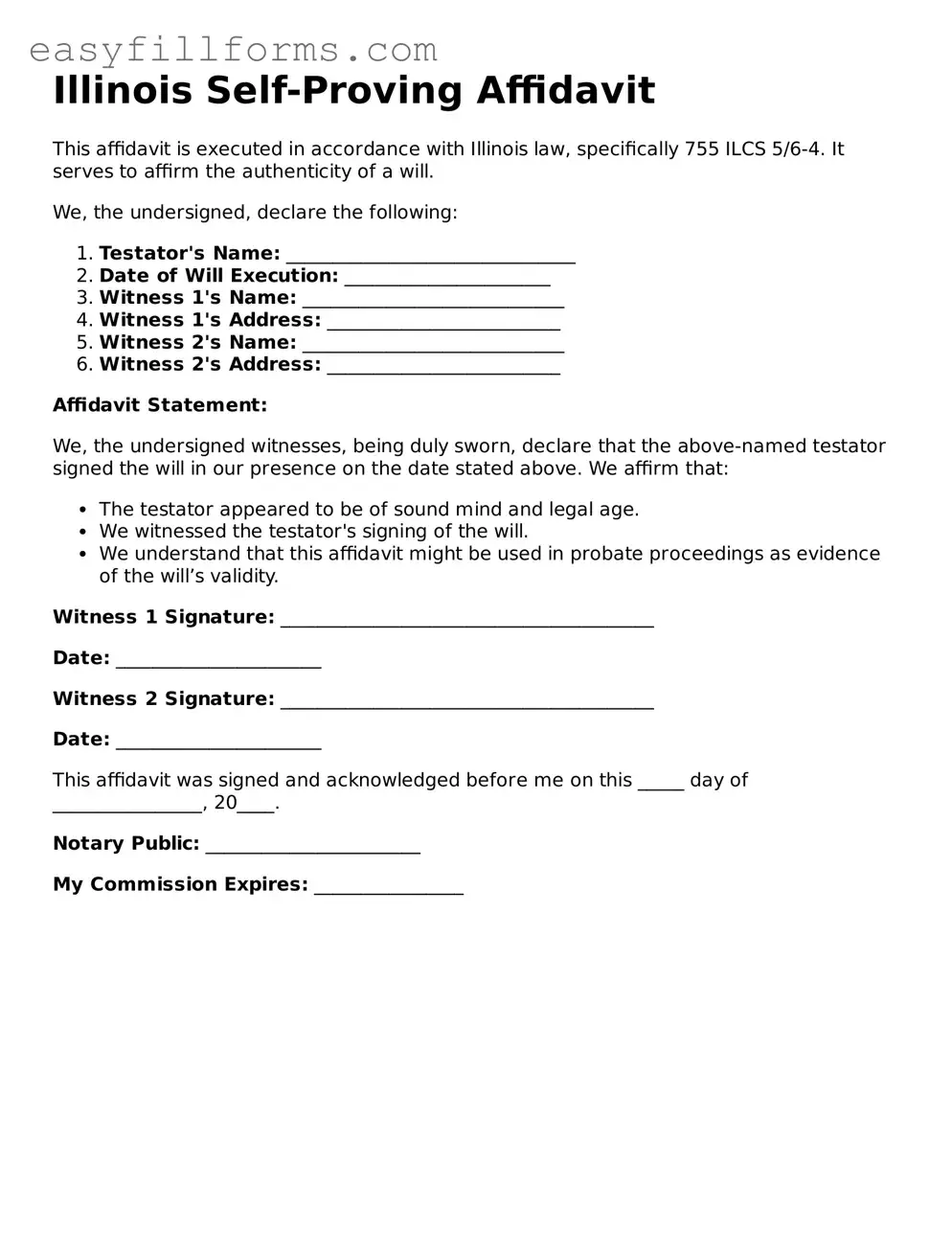 Valid  Self-Proving Affidavit Template for Illinois