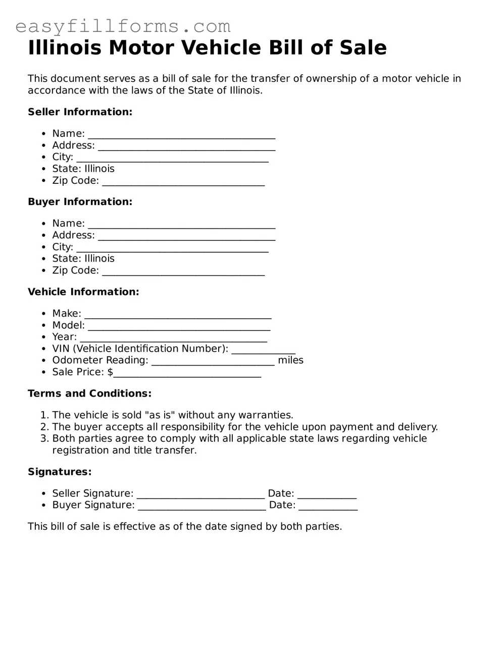 Valid  Motor Vehicle Bill of Sale Template for Illinois