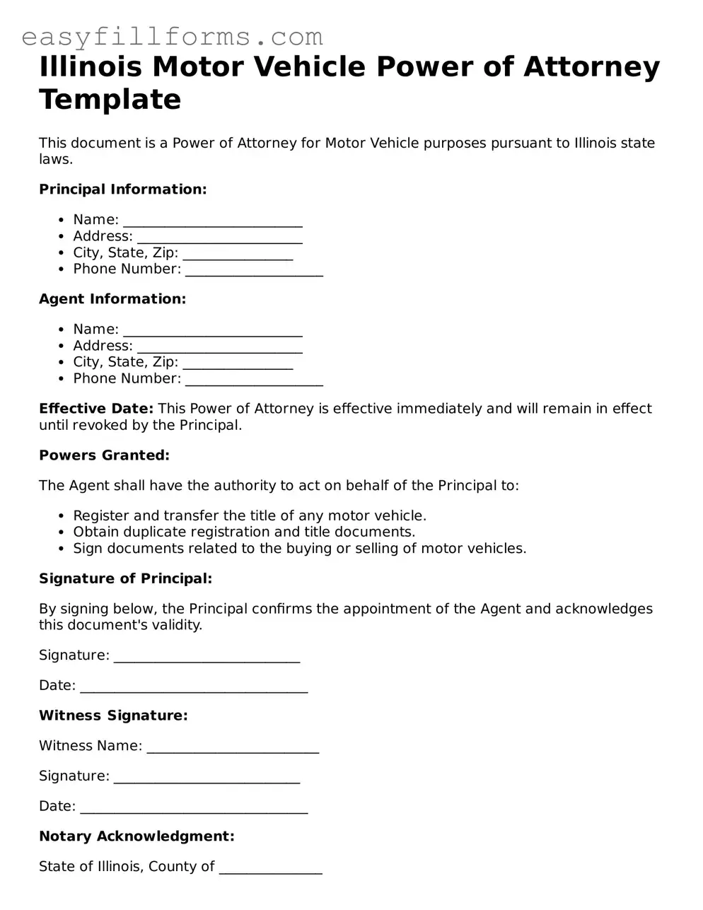 Valid  Motor Vehicle Power of Attorney Template for Illinois