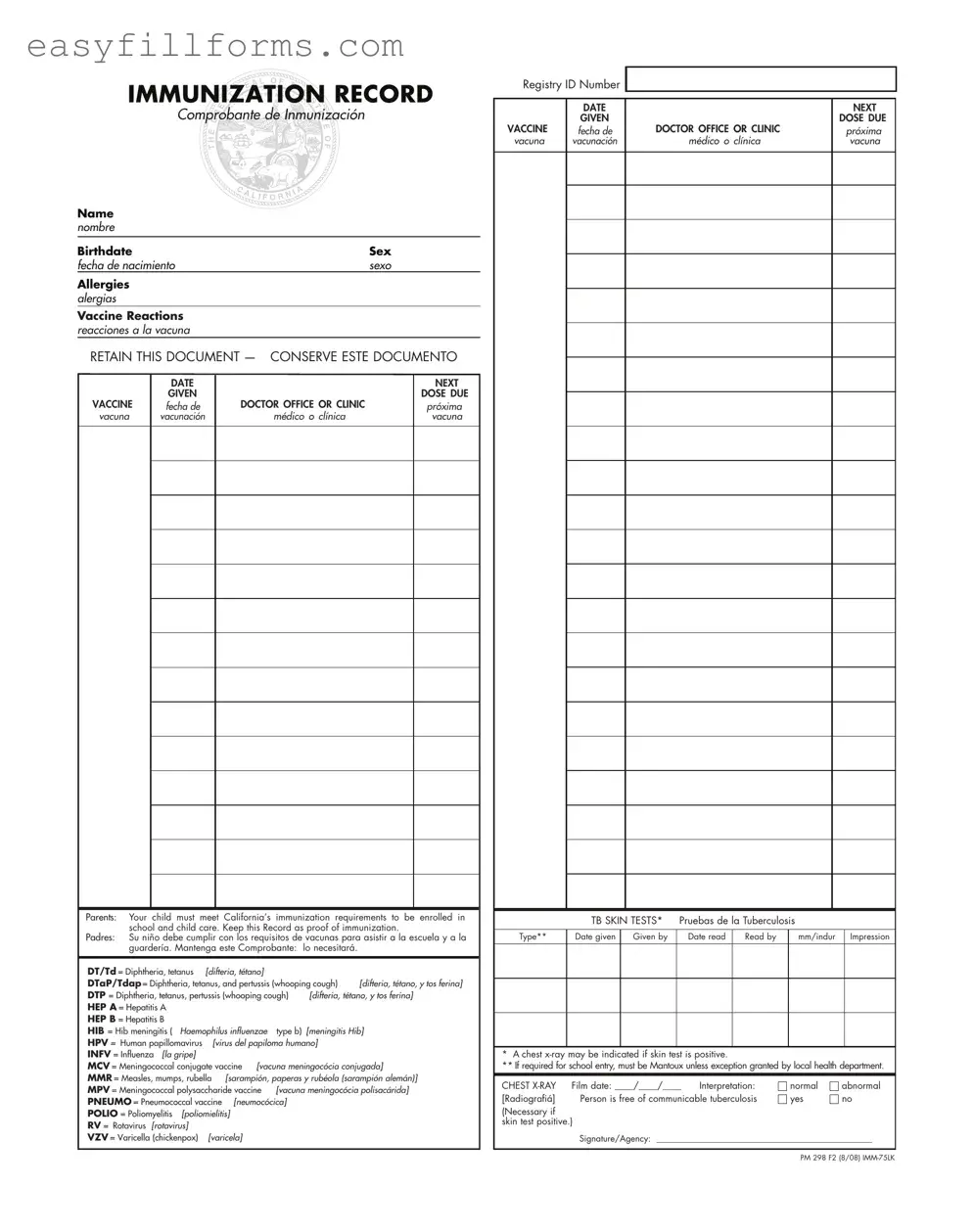 Printable Immunization Record Form