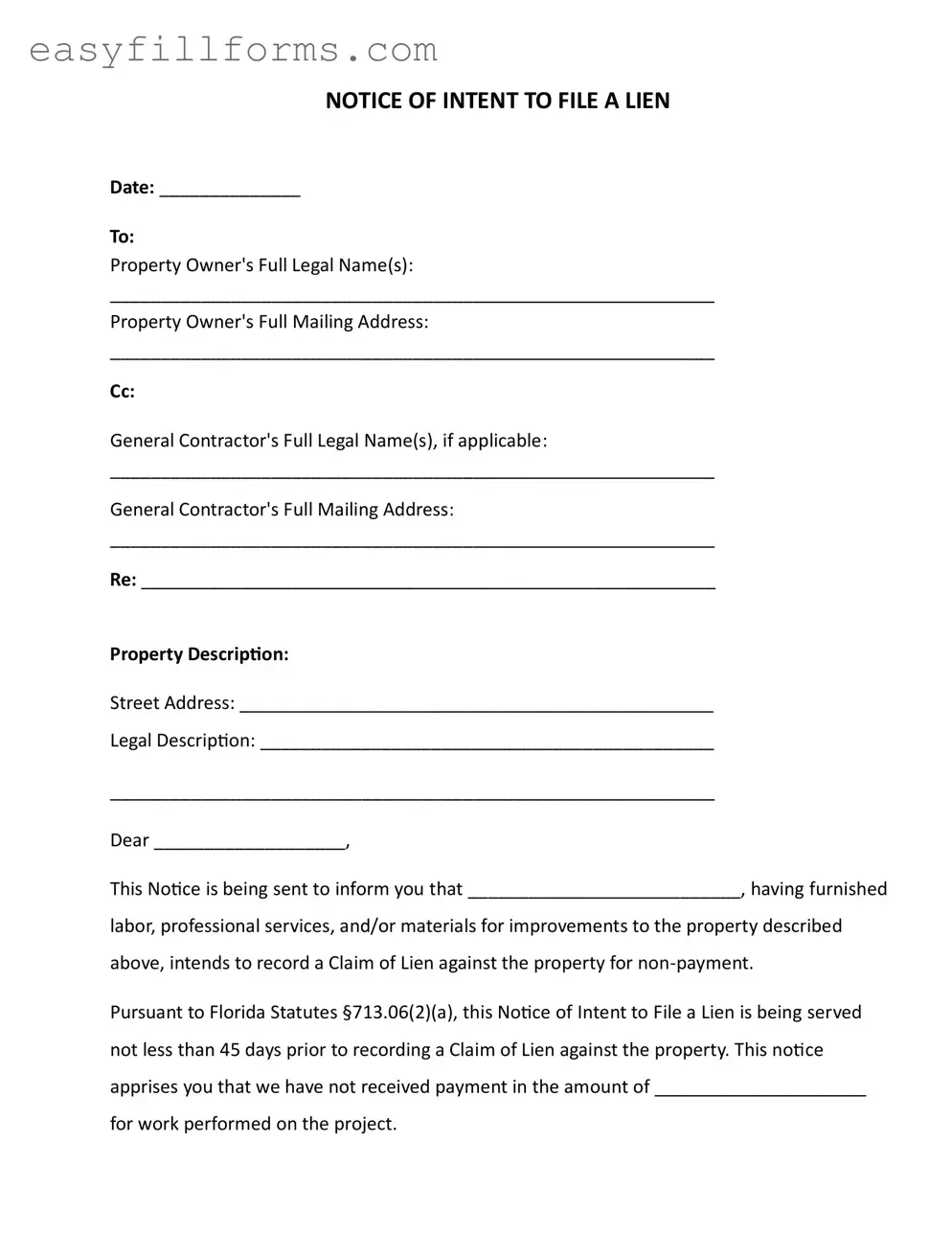 Printable Intent To Lien Florida Form