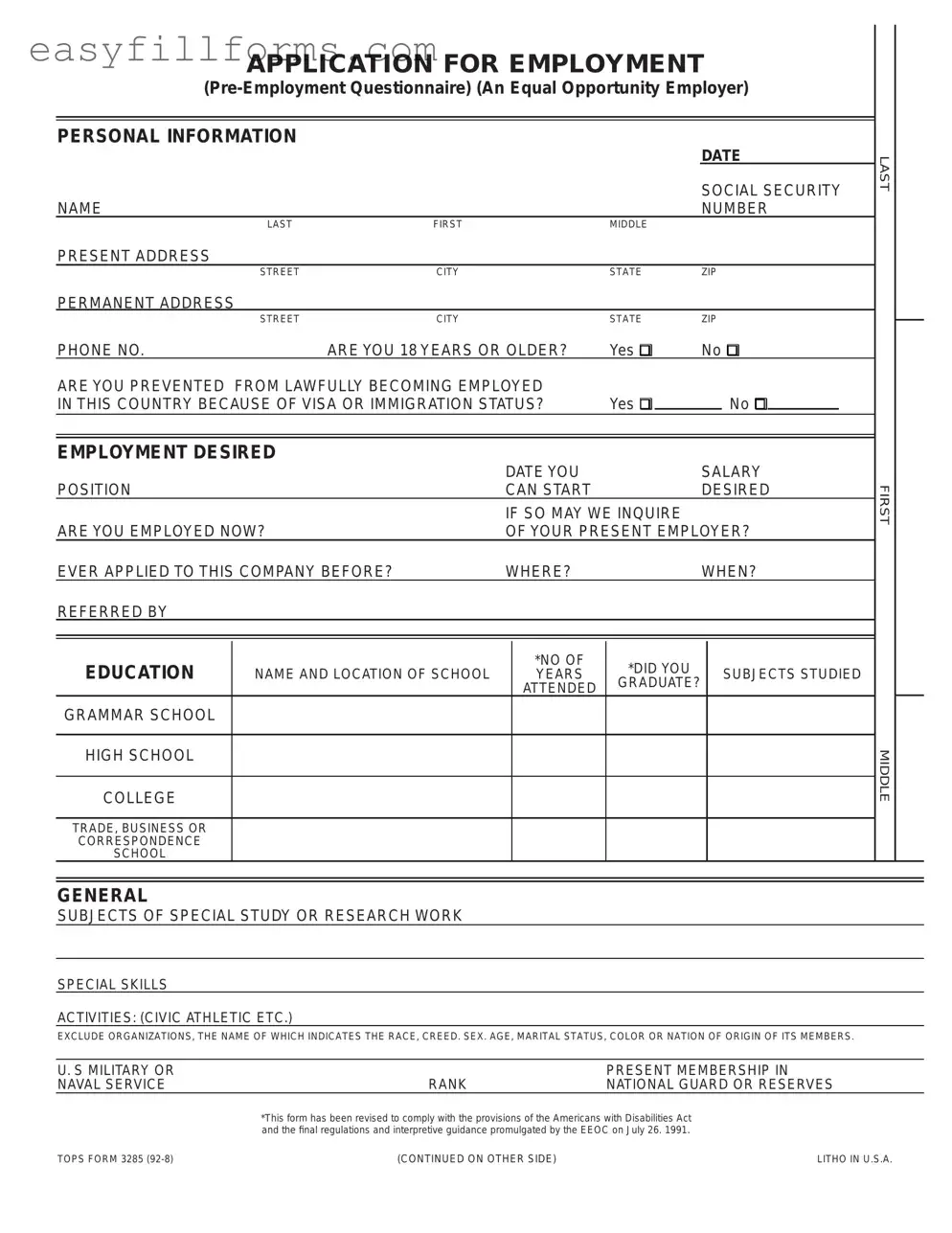 Printable Employment Application Pdf Form