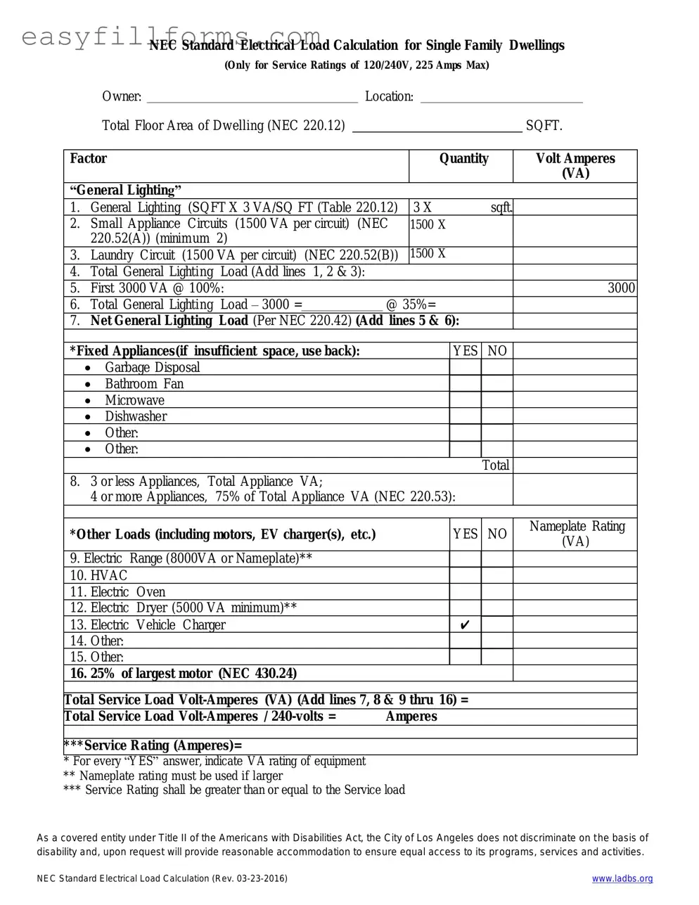 Printable LADBS NEC Standard Electrical Load Calculation Form