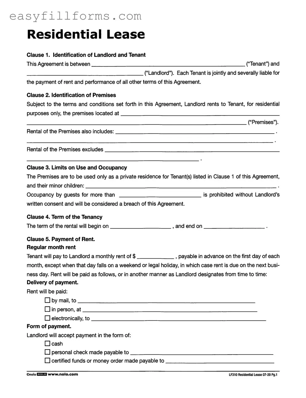 Printable Lf310 Residential Lease Form