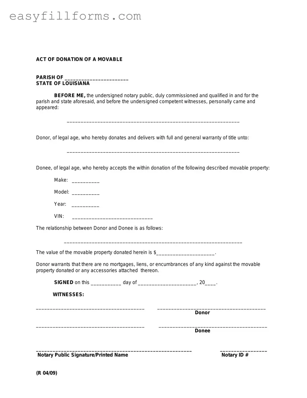 Printable Louisiana act of donation Form