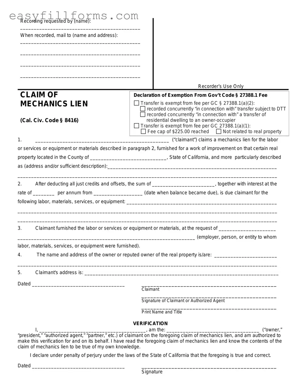 Printable Mechanics Lien California Form