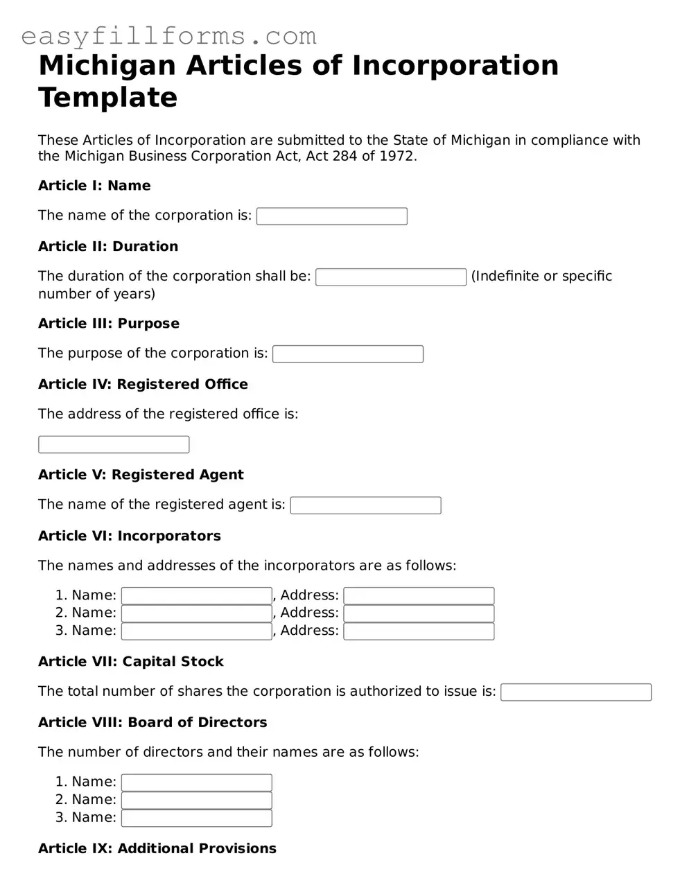 Valid  Articles of Incorporation Template for Michigan