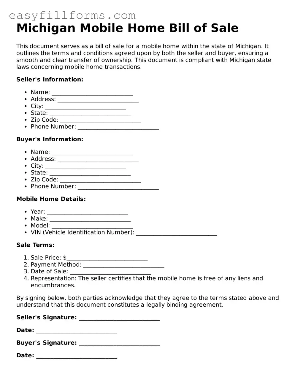 Valid  Mobile Home Bill of Sale Template for Michigan