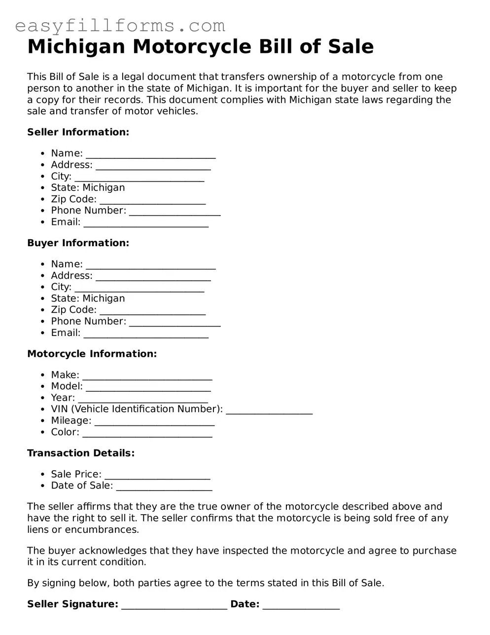 Valid  Motorcycle Bill of Sale Template for Michigan