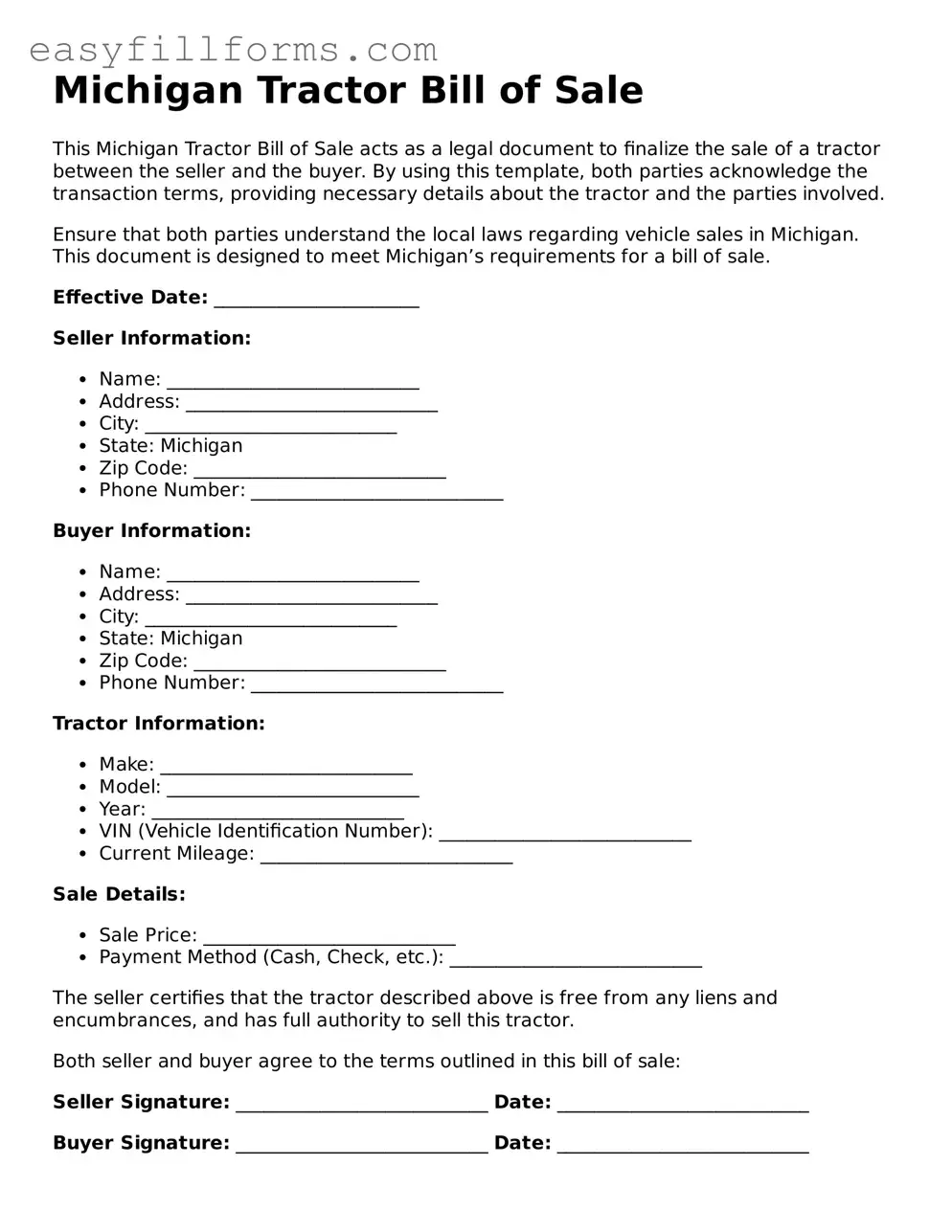 Valid  Tractor Bill of Sale Template for Michigan