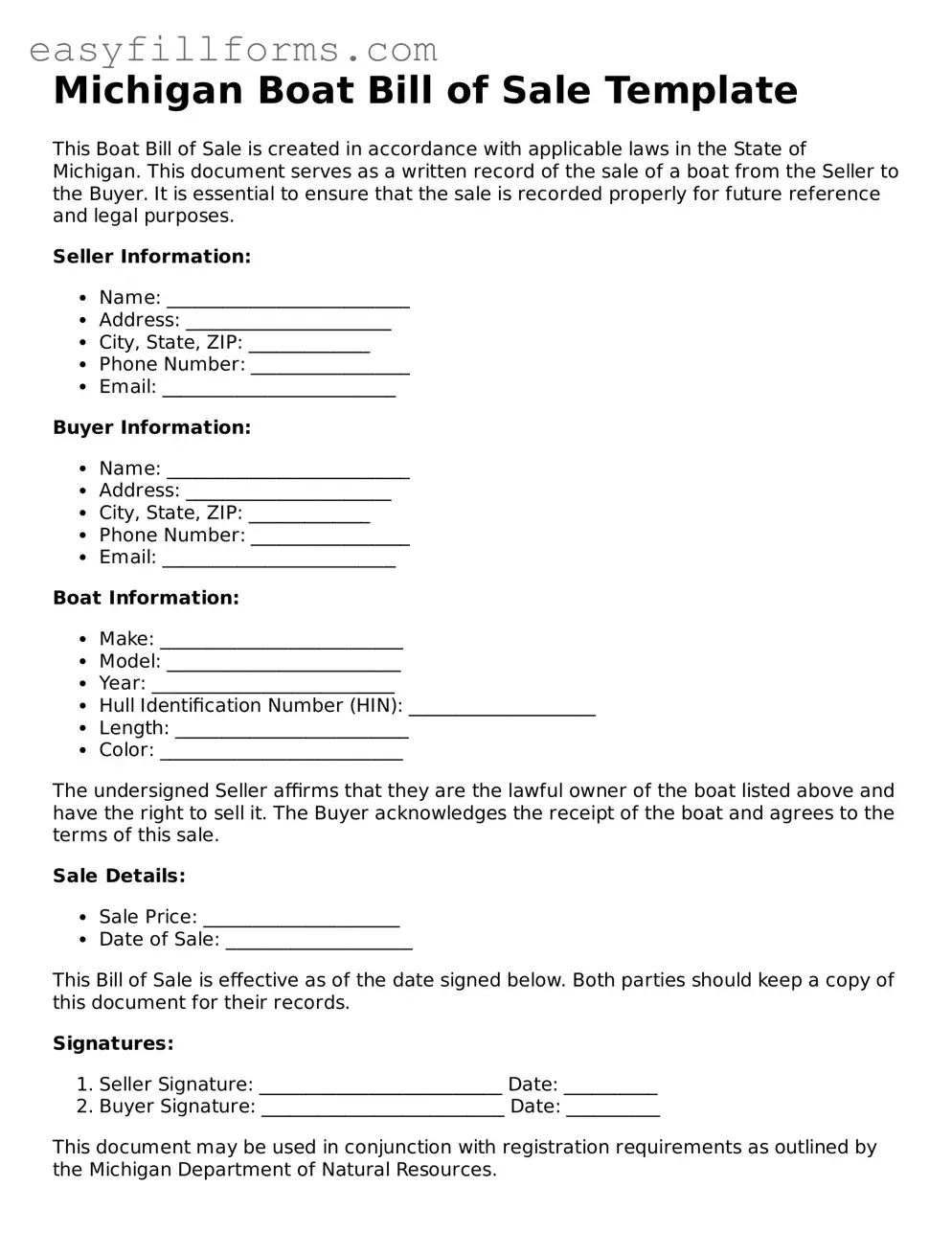 Valid  Boat Bill of Sale Template for Michigan