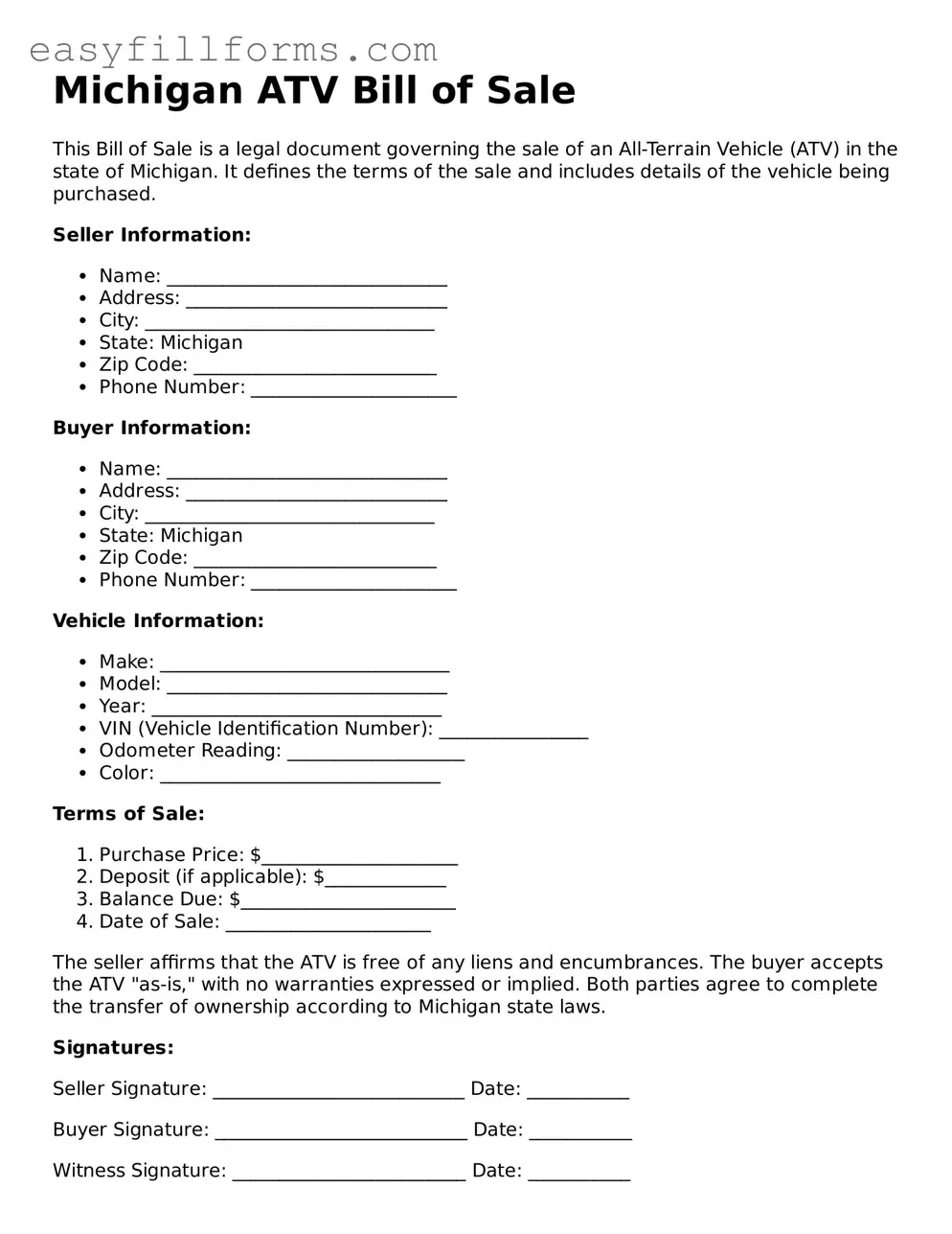 Valid  ATV Bill of Sale Template for Michigan