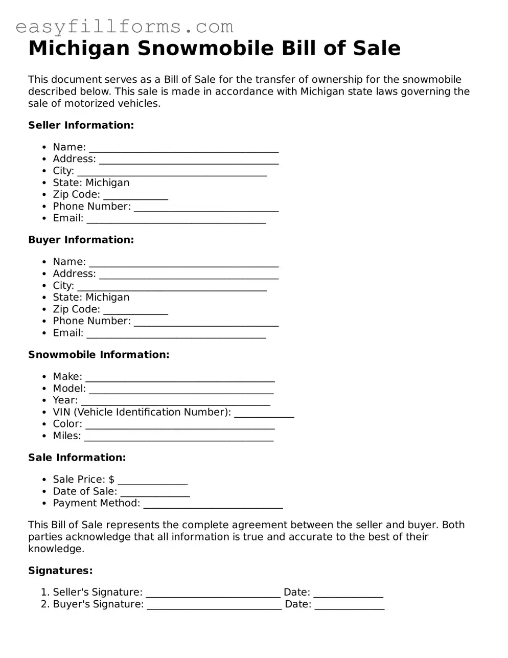 Valid  Snowmobile Bill of Sale Template for Michigan