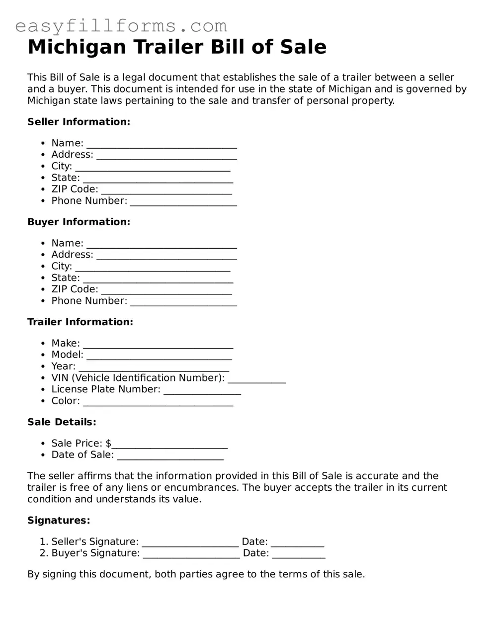 Valid  Trailer Bill of Sale Template for Michigan