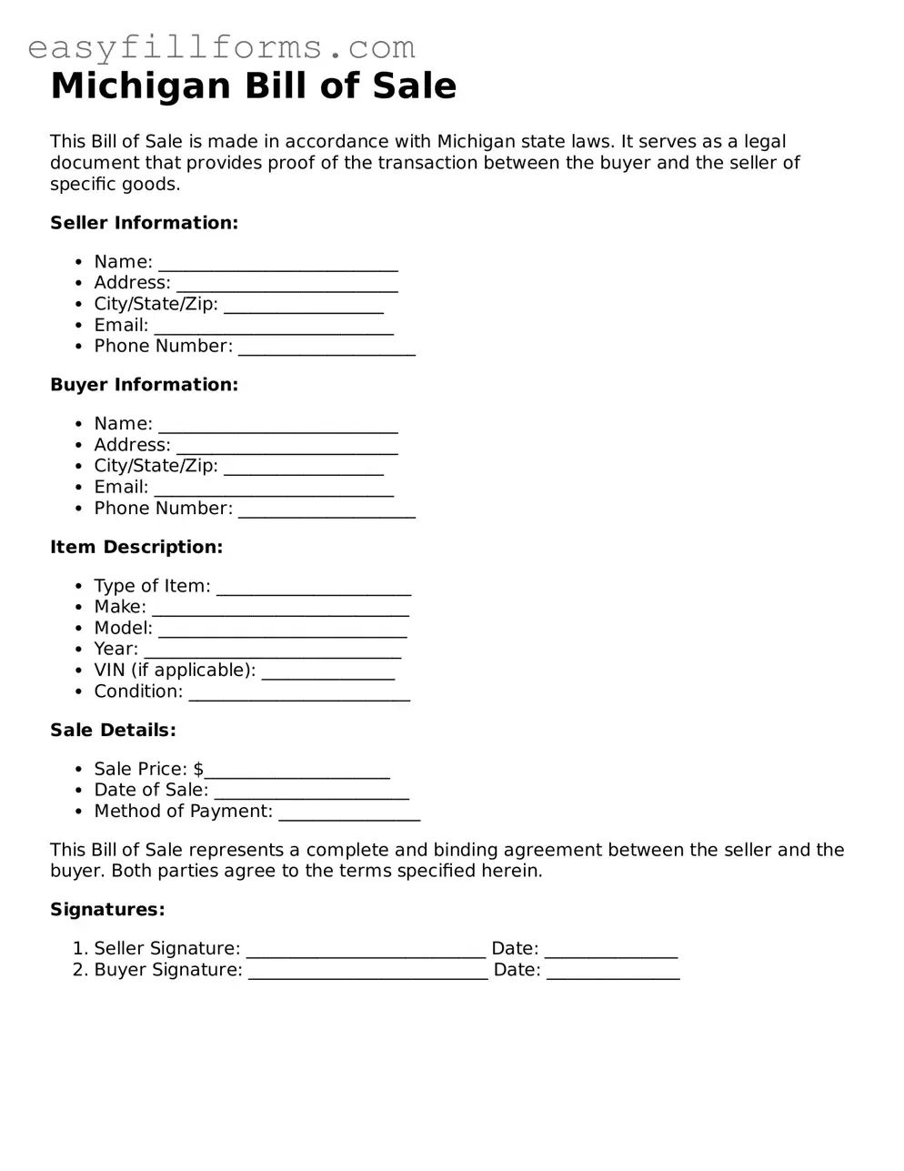 Valid  Bill of Sale Template for Michigan