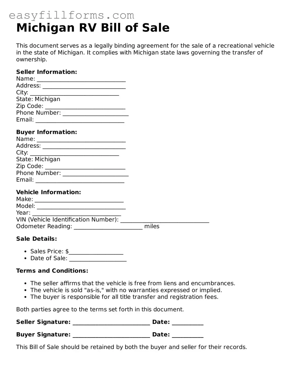 Valid  RV Bill of Sale Template for Michigan