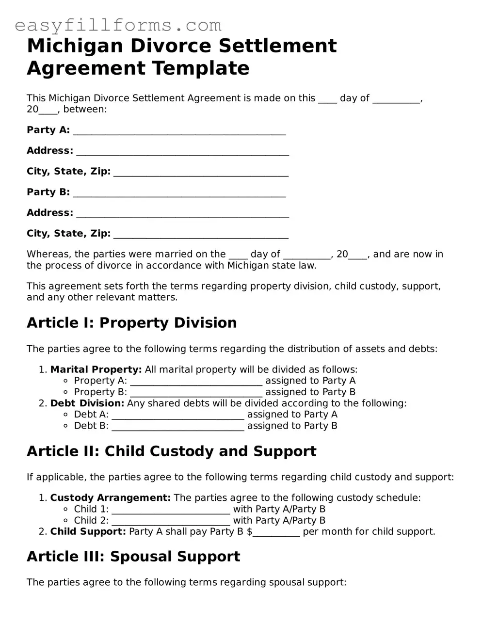 Valid  Divorce Settlement Agreement Template for Michigan