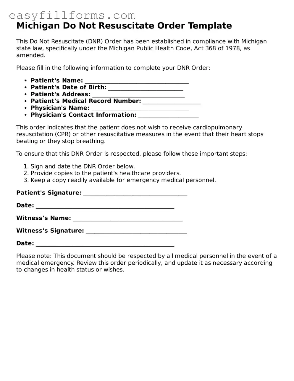 Valid  Do Not Resuscitate Order Template for Michigan