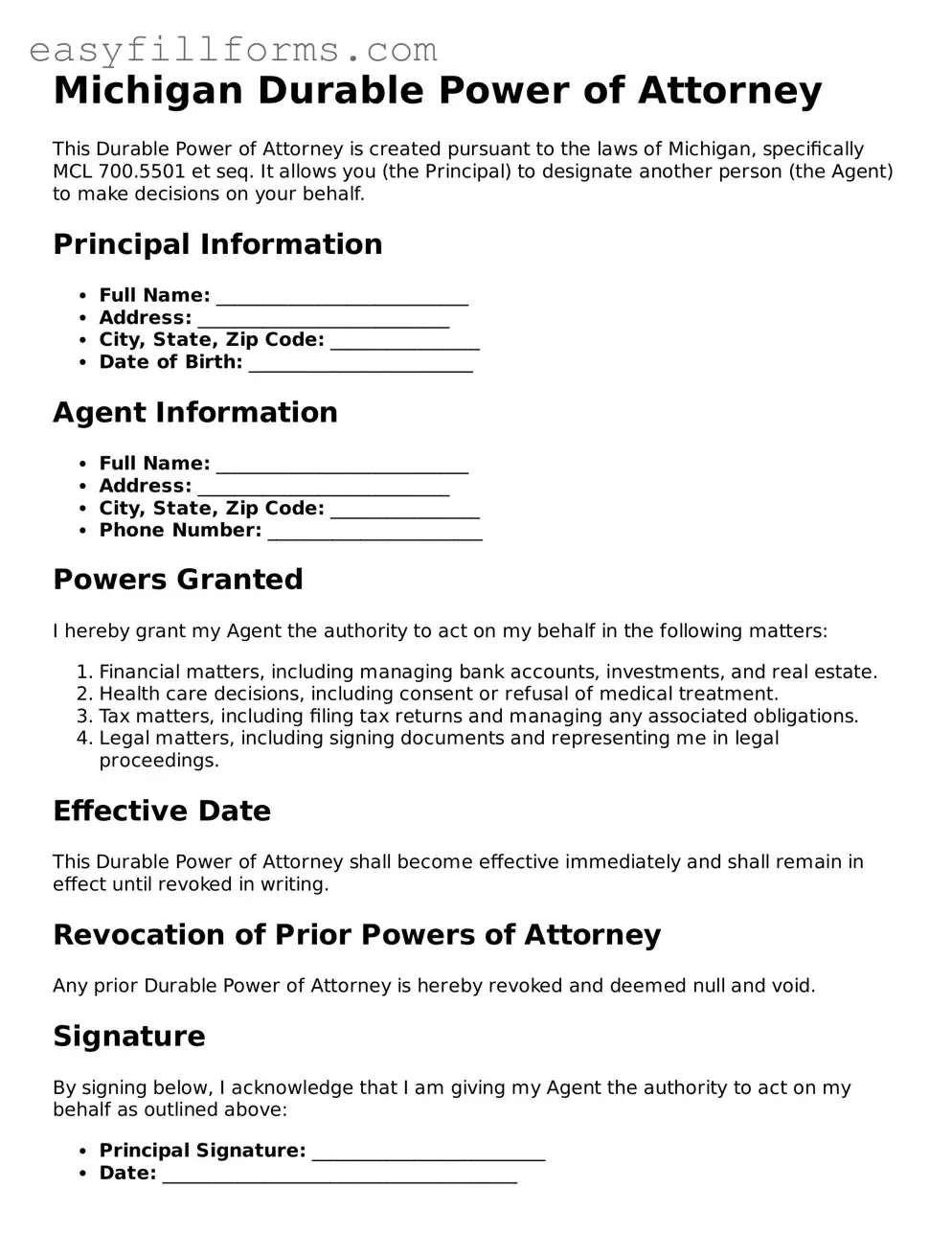 Valid  Durable Power of Attorney Template for Michigan