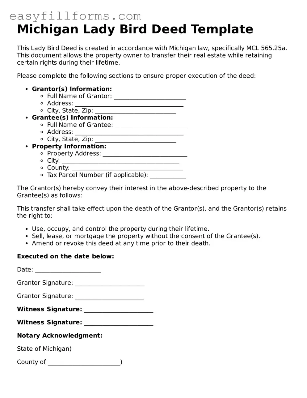 Valid  Lady Bird Deed Template for Michigan
