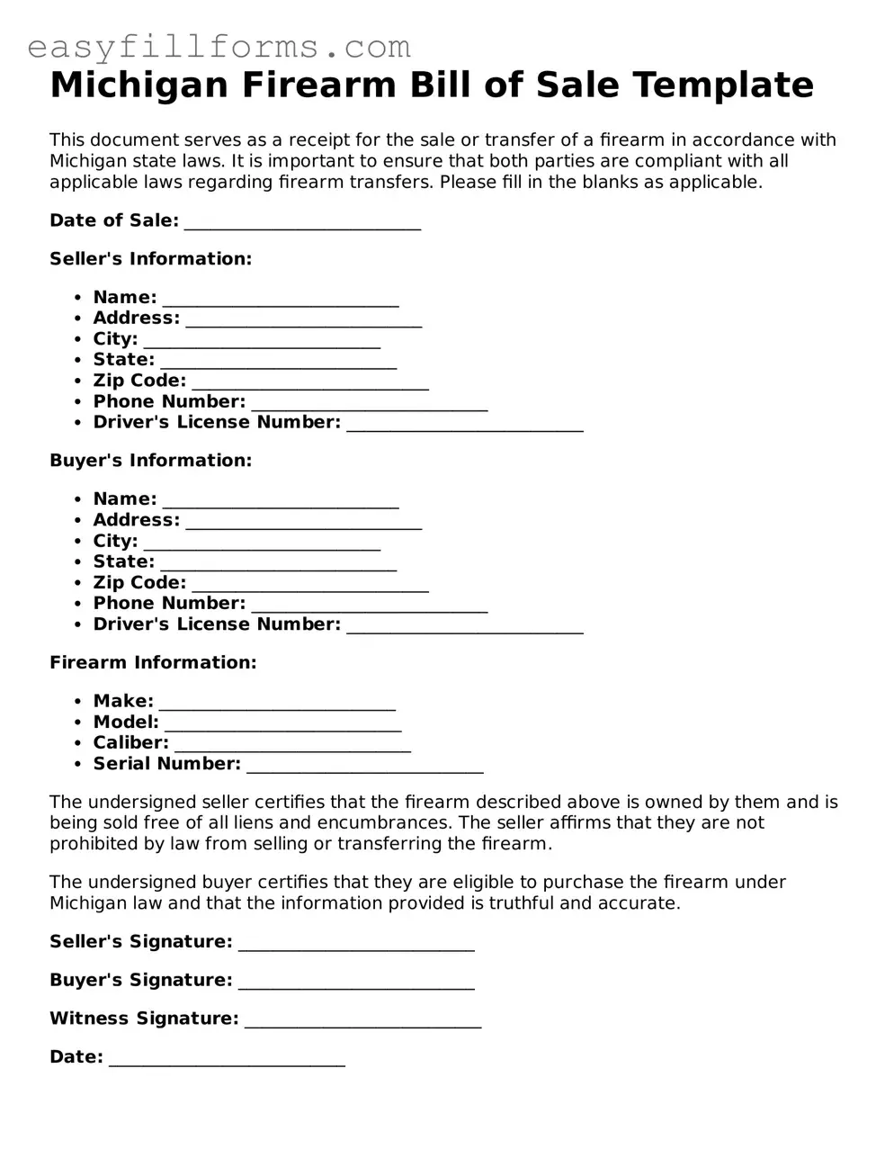 Valid  Firearm Bill of Sale Template for Michigan